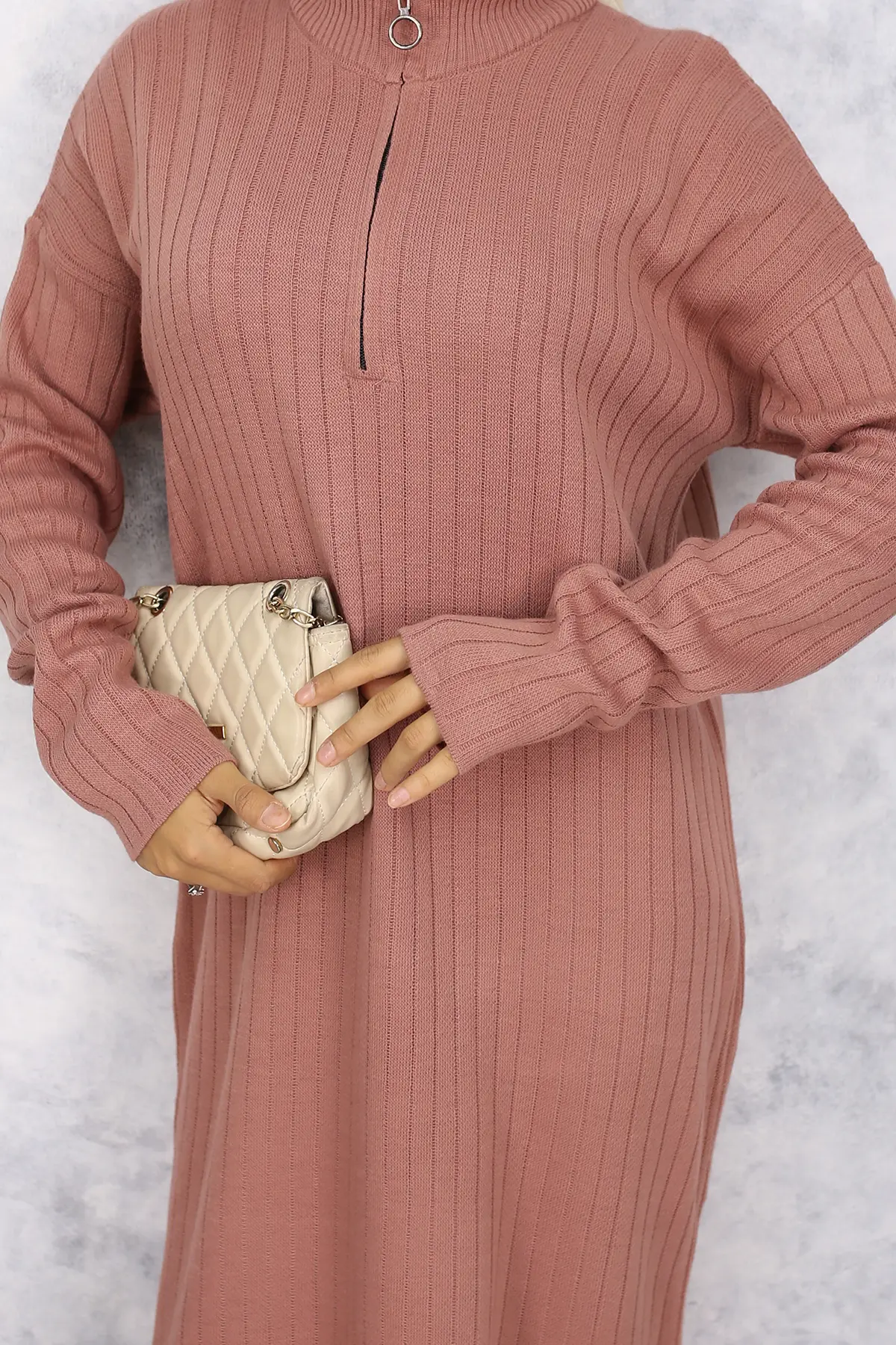 Long Knitwear Dress With Zipped Collar-detail