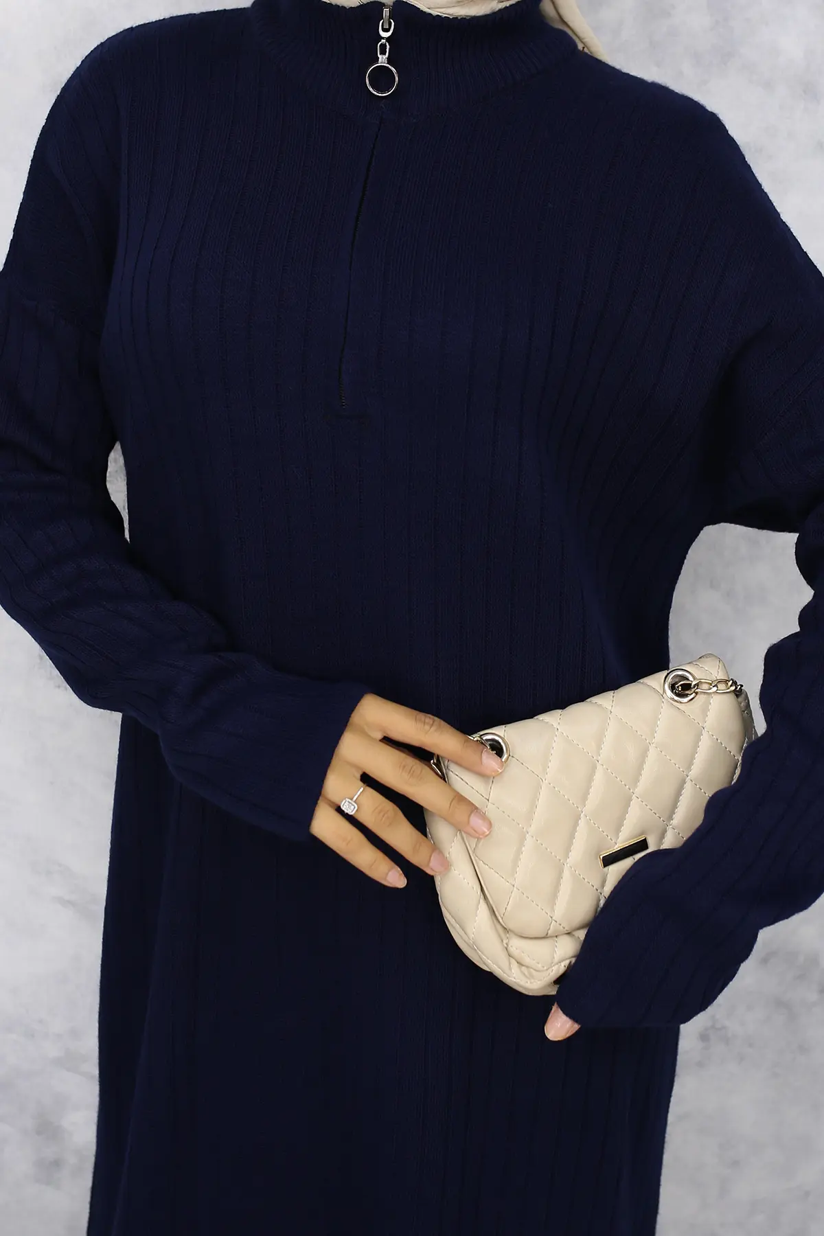 Long Knitwear Dress With Zipped Collar-detail