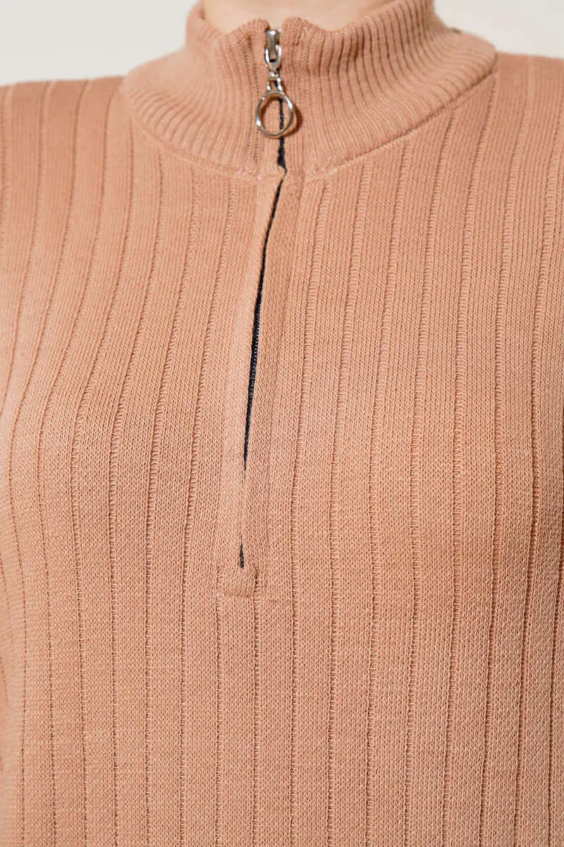 11026 Yaka Fermuarlı Fitilli Uzun Triko Elbise Vizon-detail