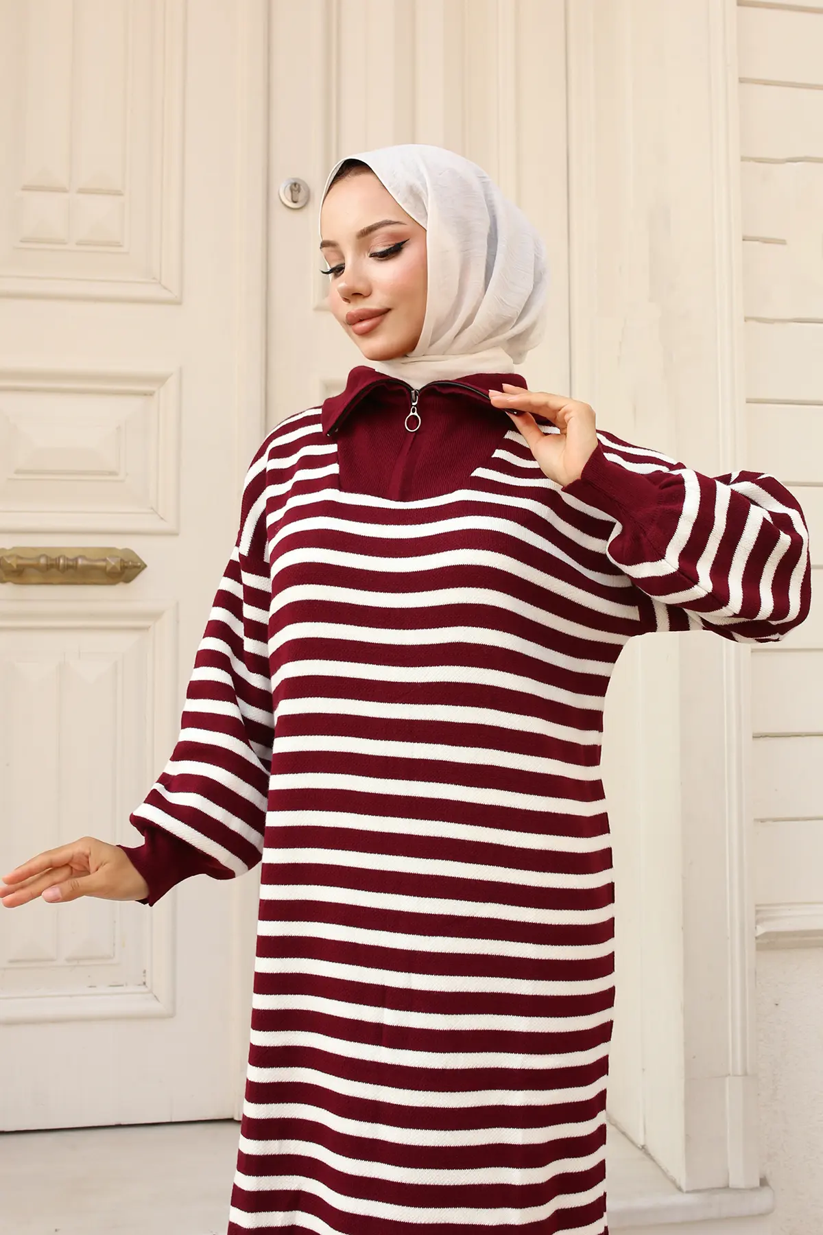 Striped Sweater Dress With Zipper Collar-detail