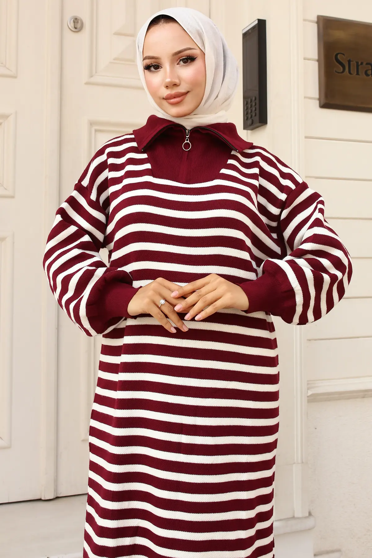 Striped Sweater Dress With Zipper Collar-detail