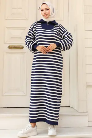 Striped Sweater Dress With Zipper Collar