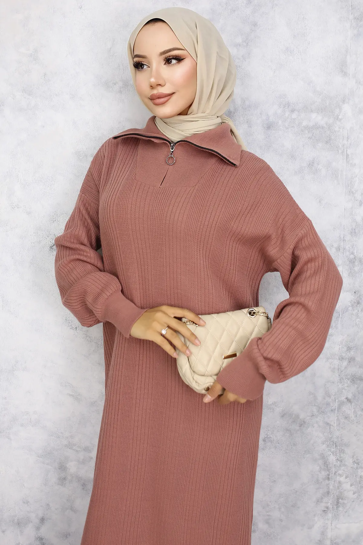 Ribbed Knitwear Dress With Zipped Collar-detail