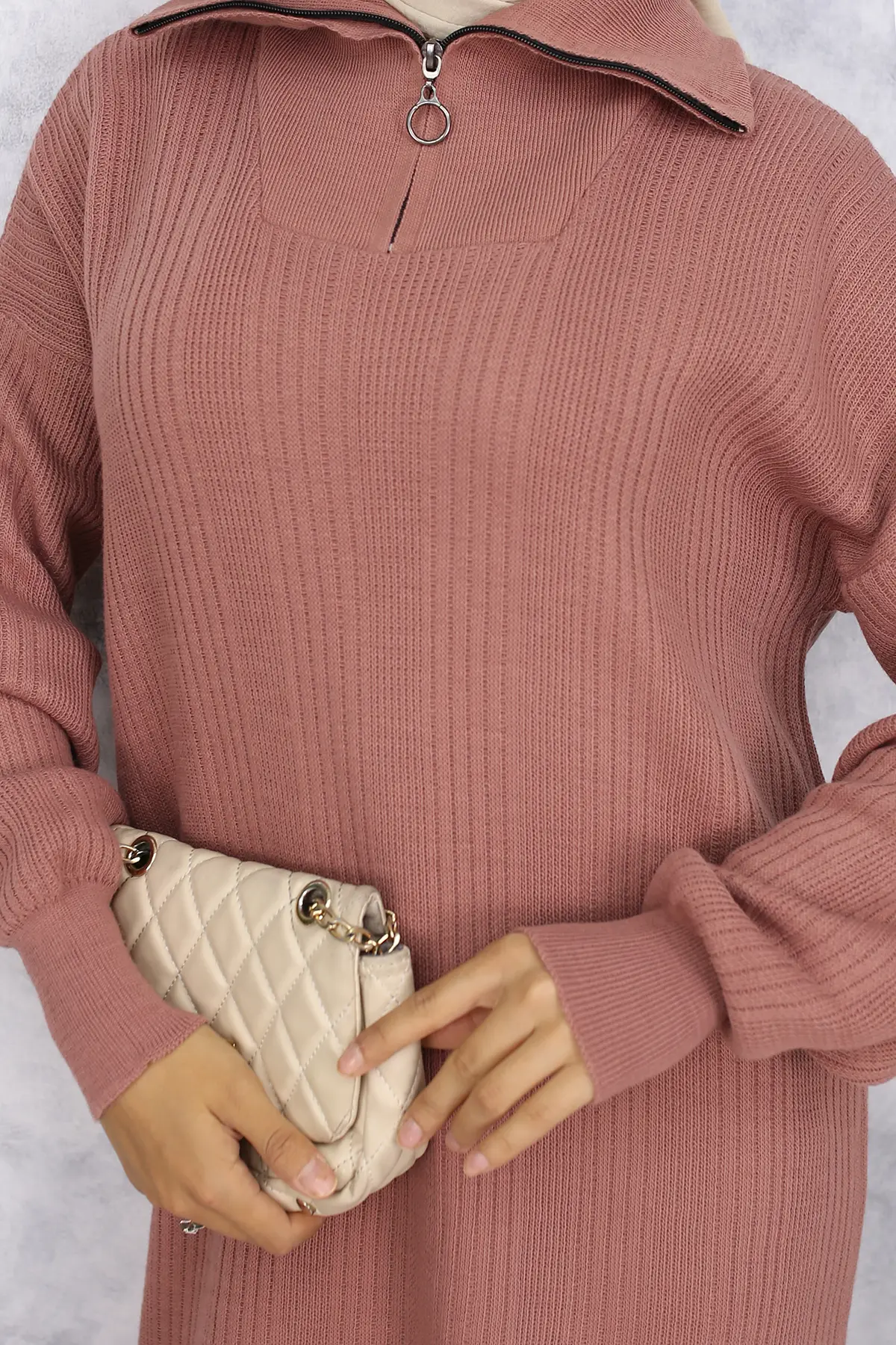 Ribbed Knitwear Dress With Zipped Collar-detail