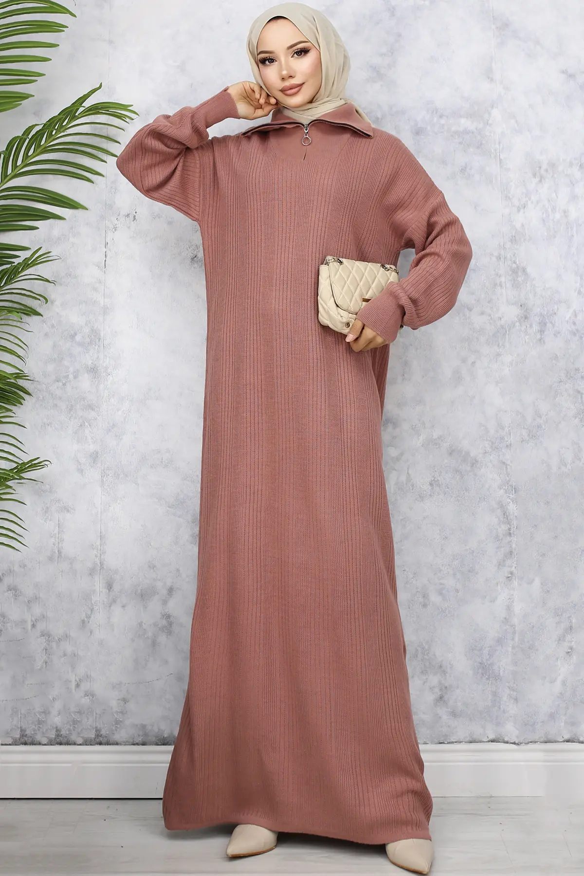 Ribbed Knitwear Dress With Zipped Collar-detail