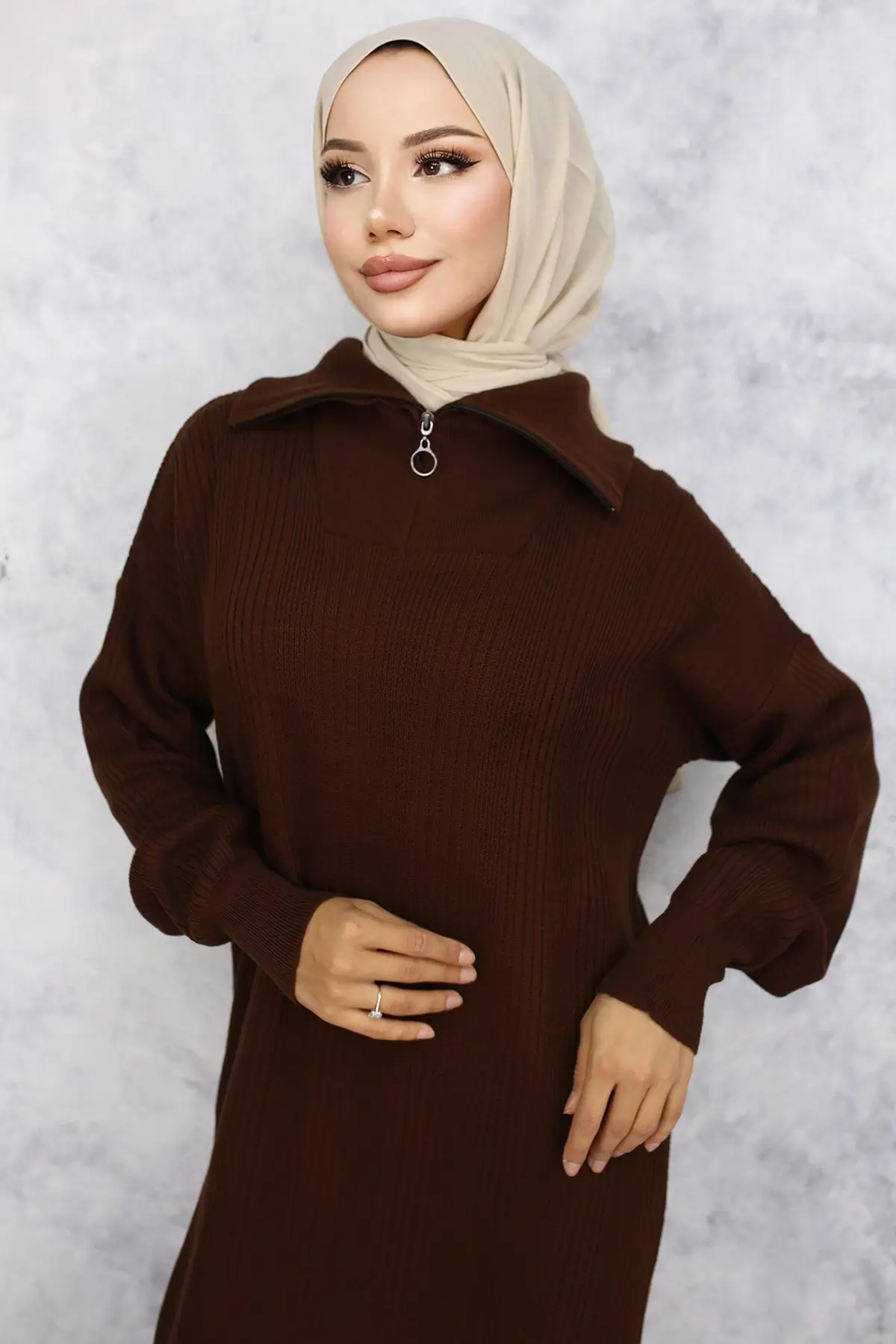 Ribbed Knitwear Dress With Zipped Collar-detail