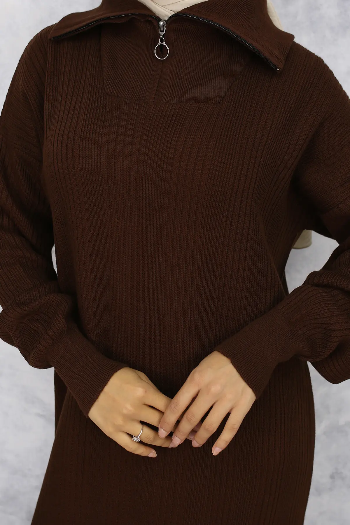 Ribbed Knitwear Dress With Zipped Collar-detail