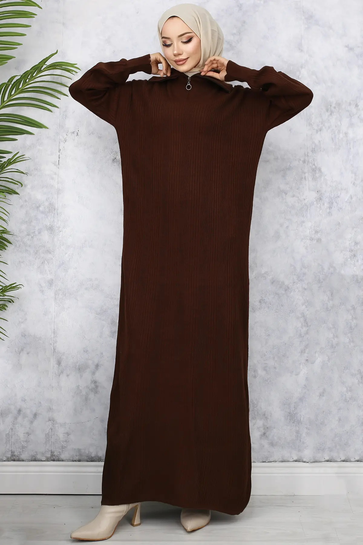 Ribbed Knitwear Dress With Zipped Collar-detail