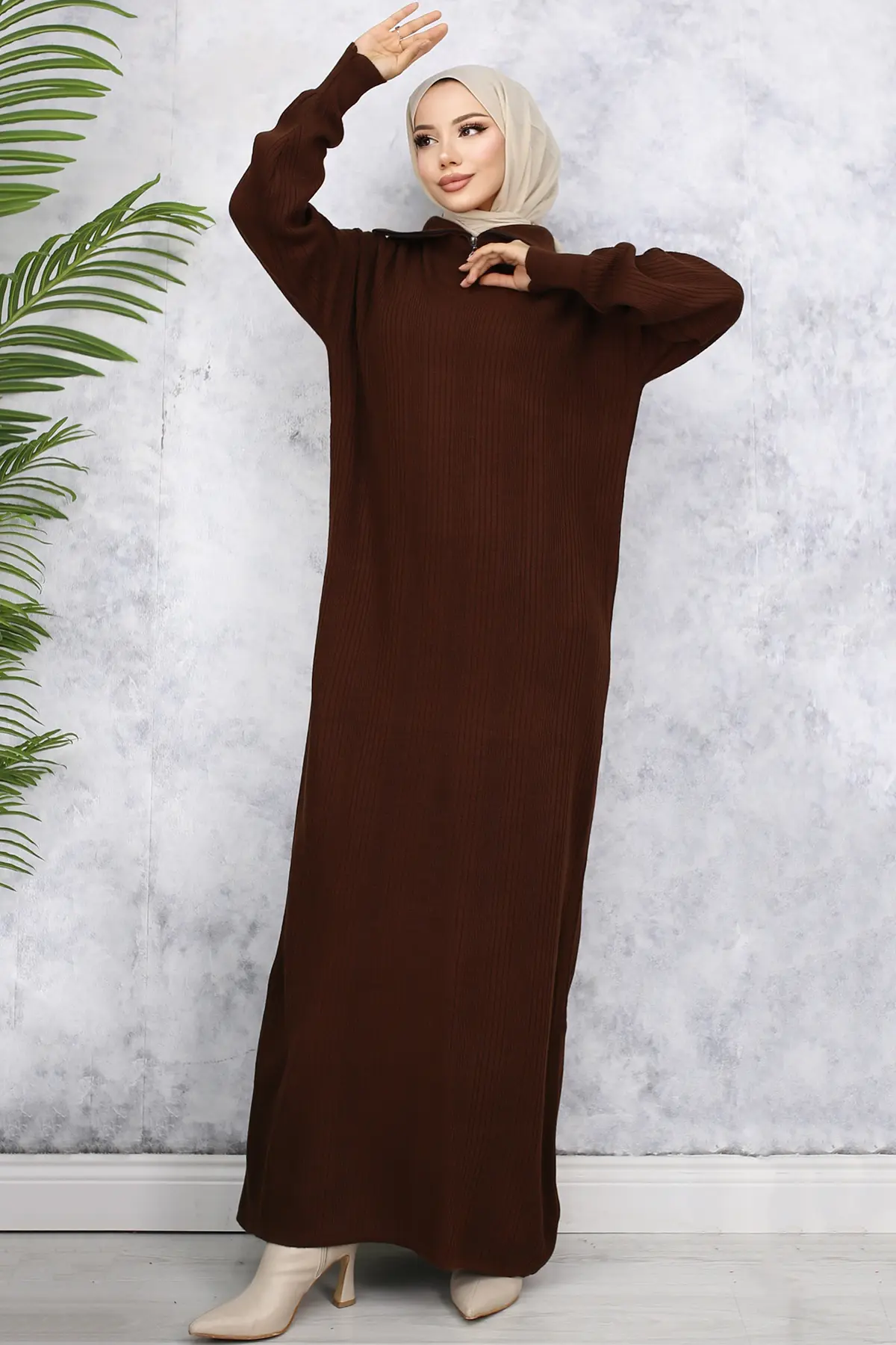 Ribbed Knitwear Dress With Zipped Collar-detail