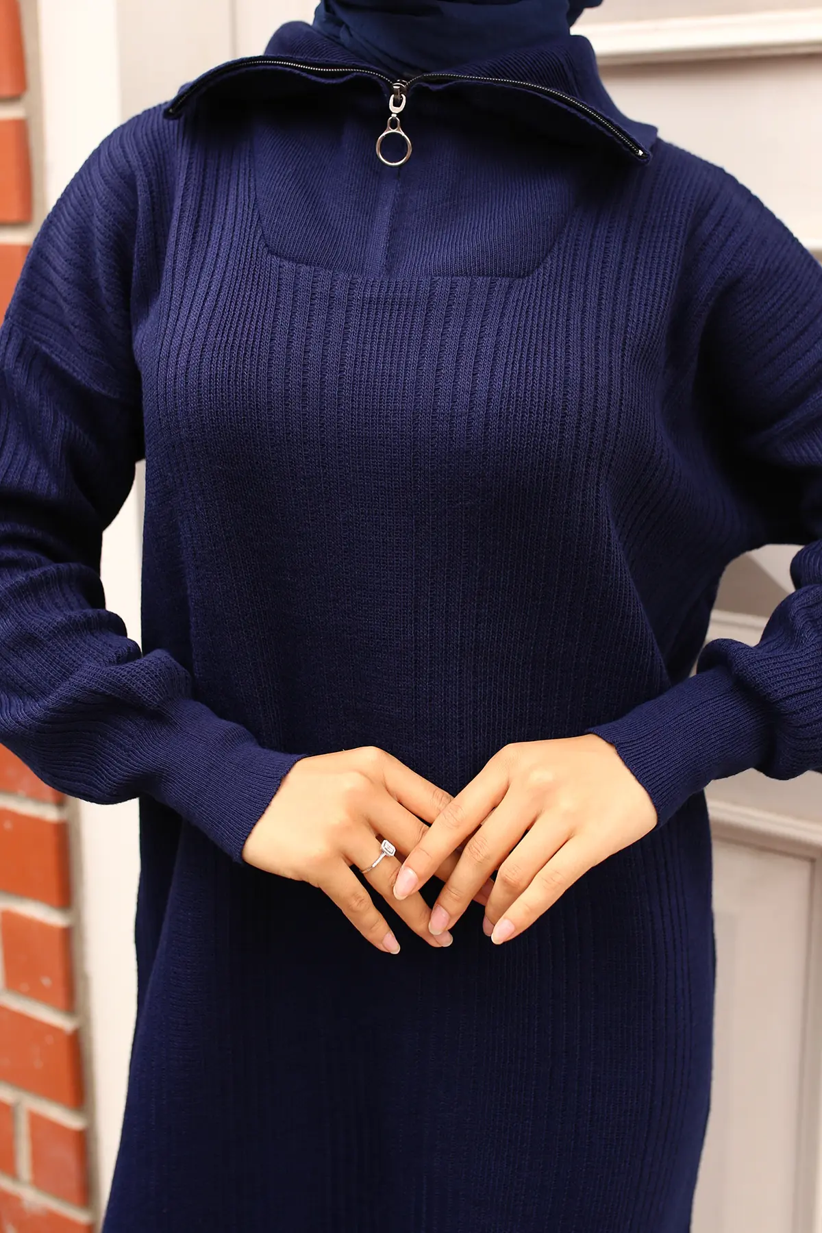 11028-09 Yakası Fermuarlı Fitilli Triko Elbise Lacivert-detail