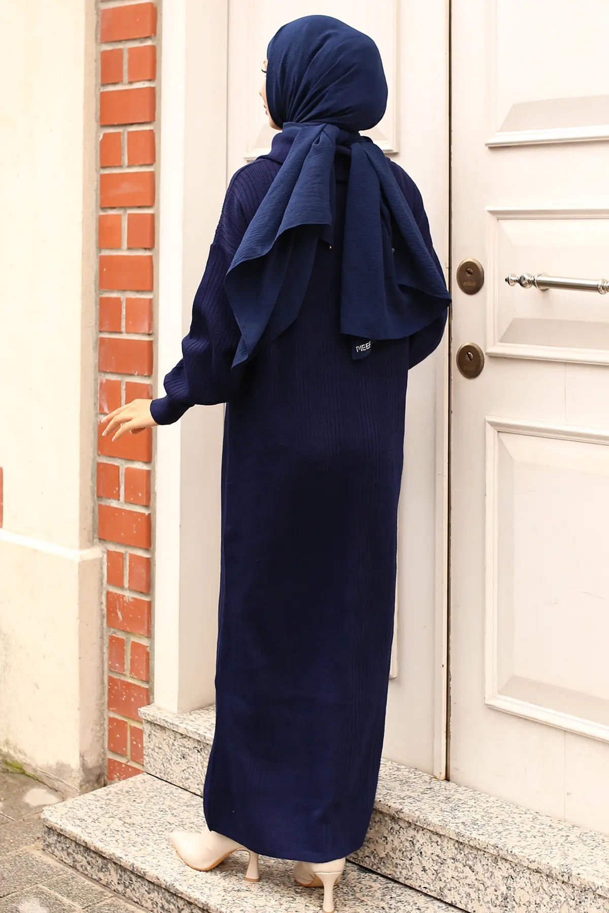 11028-09 Yakası Fermuarlı Fitilli Triko Elbise Lacivert-detail