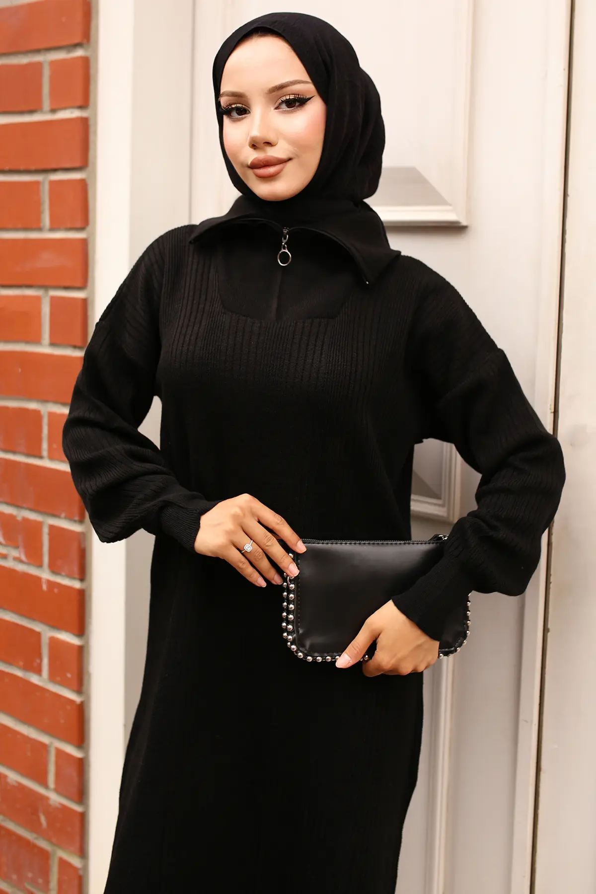 11028-09 Yakası Fermuarlı Fitilli Triko Elbise Siyah-detail