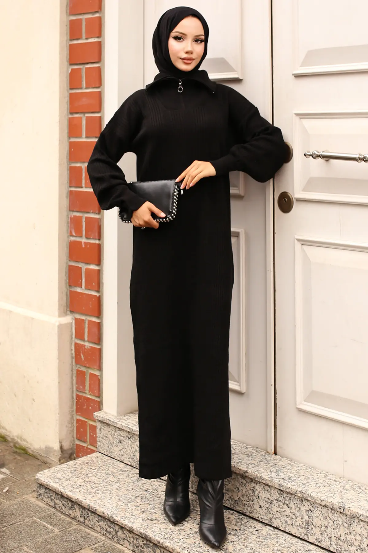 11028-09 Yakası Fermuarlı Fitilli Triko Elbise Siyah-detail