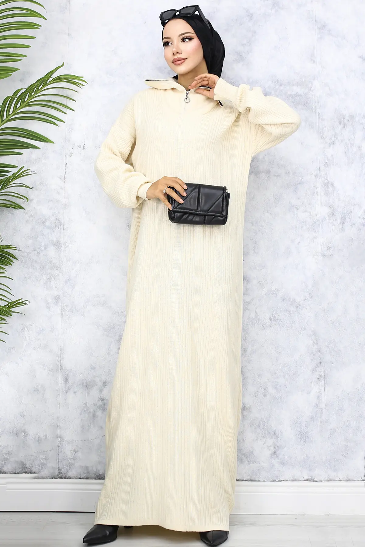 11028-09 Yakası Fermuarlı Fitilli Triko Elbise Taş Rengi-detail