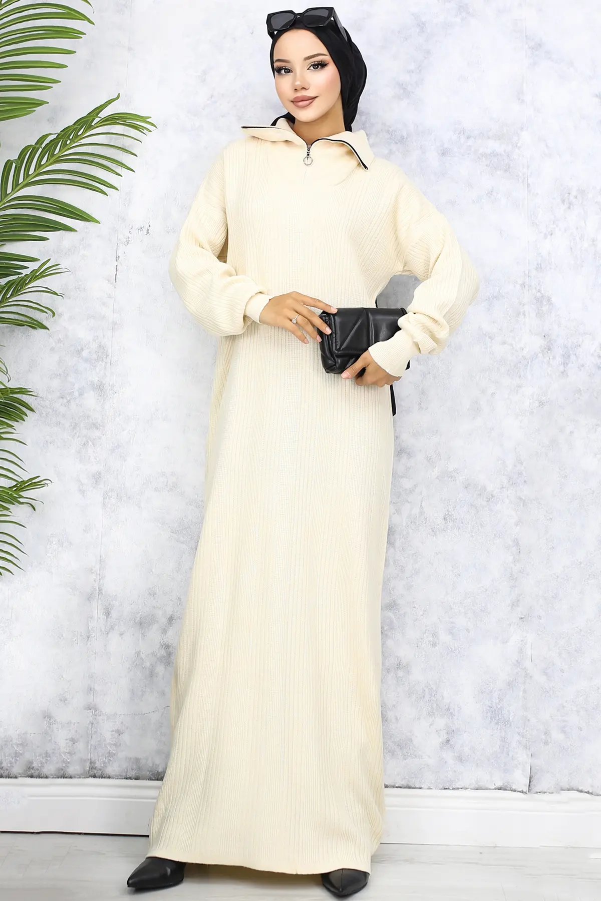 11028-09 Yakası Fermuarlı Fitilli Triko Elbise Taş Rengi-detail