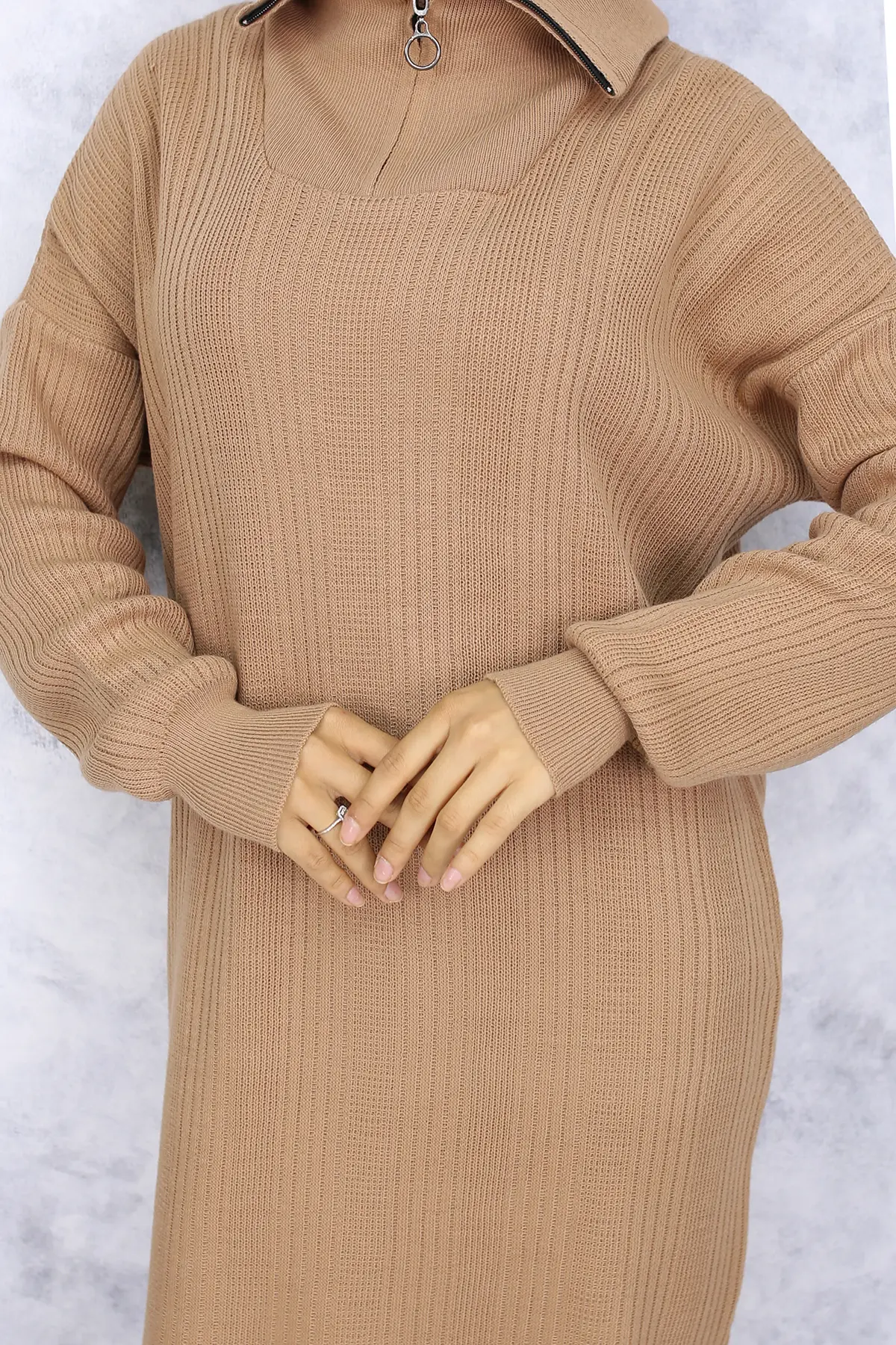 11028-09 Yakası Fermuarlı Fitilli Triko Elbise Vizon-detail