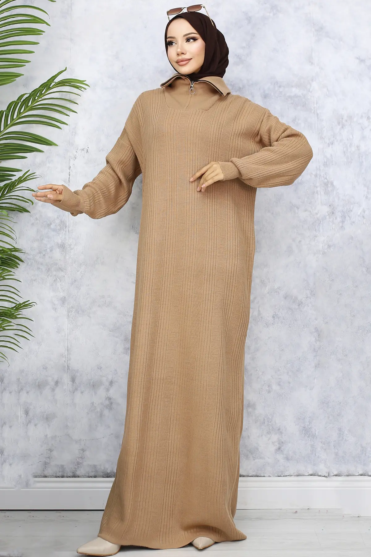 11028-09 Yakası Fermuarlı Fitilli Triko Elbise Vizon-detail