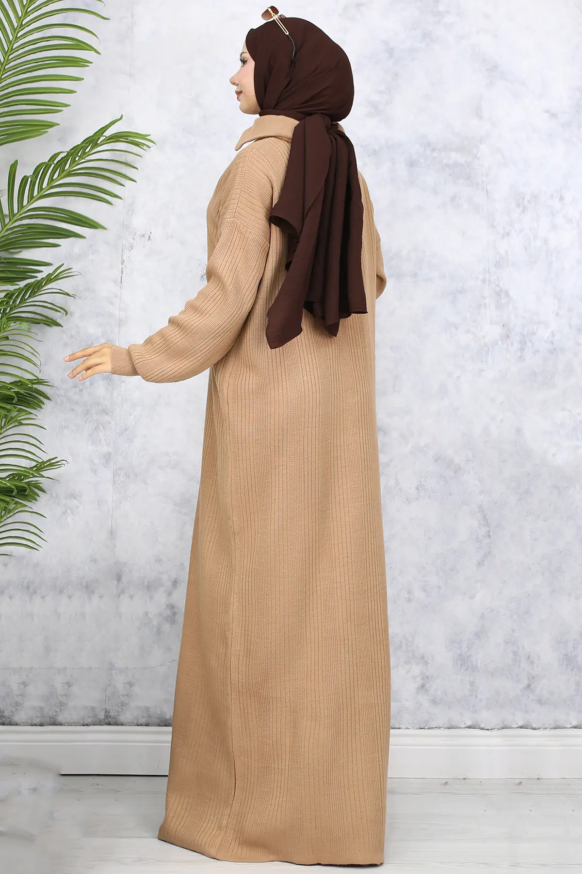 11028-09 Yakası Fermuarlı Fitilli Triko Elbise Vizon-detail