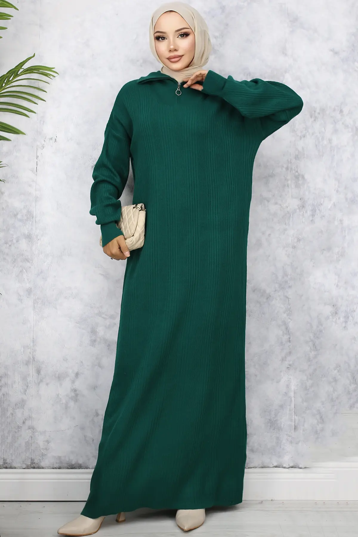 11028-09 Yakası Fermuarlı Fitilli Triko Elbise Zümrüt Yeşili-detail