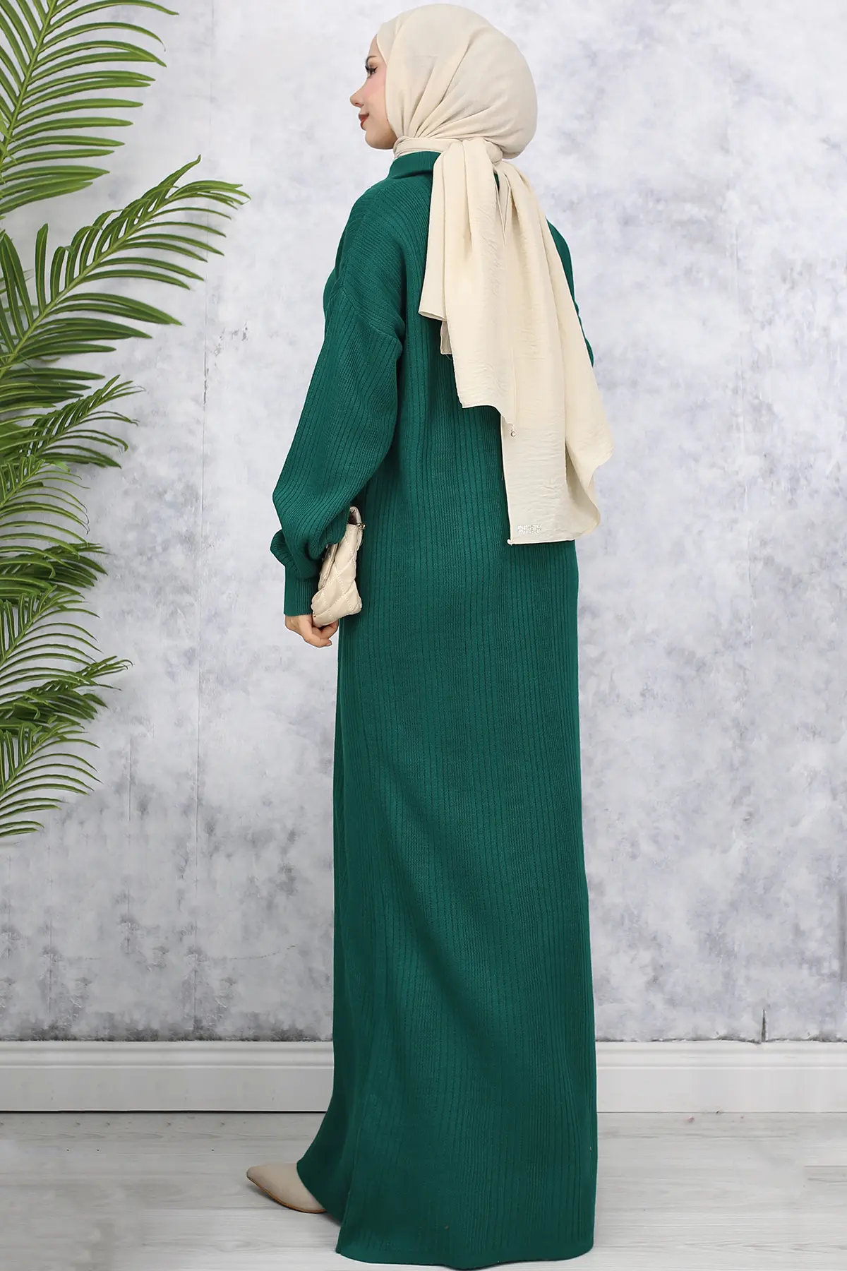 11028-09 Yakası Fermuarlı Fitilli Triko Elbise Zümrüt Yeşili-detail