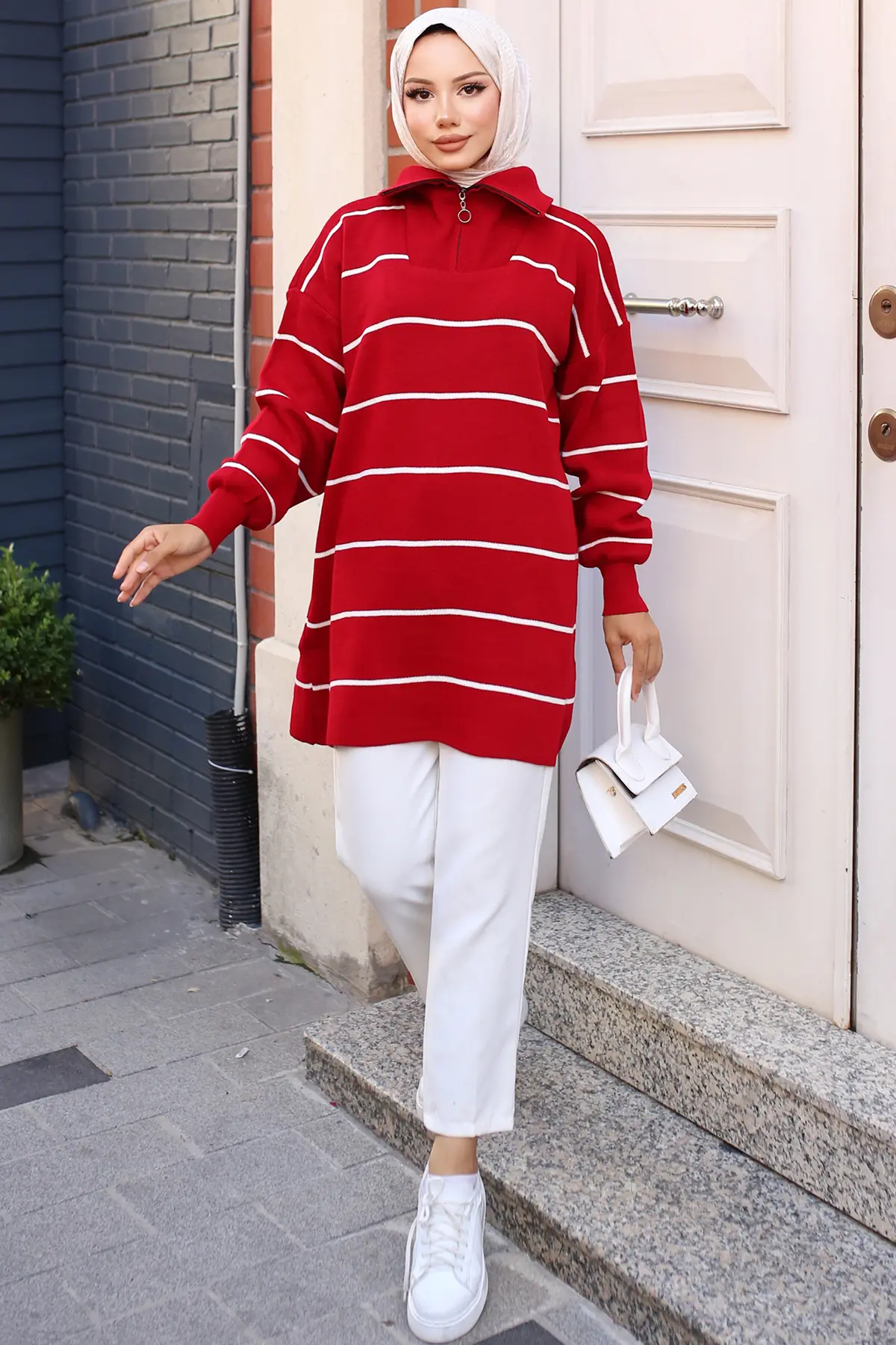 Striped Sweater Tunic With Zipped Collar-detail