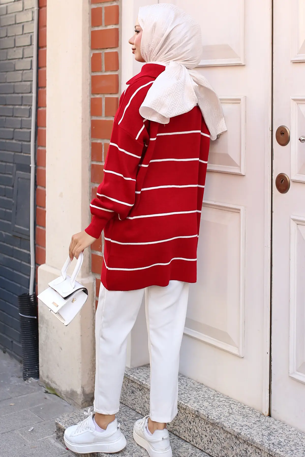 Striped Sweater Tunic With Zipped Collar-detail