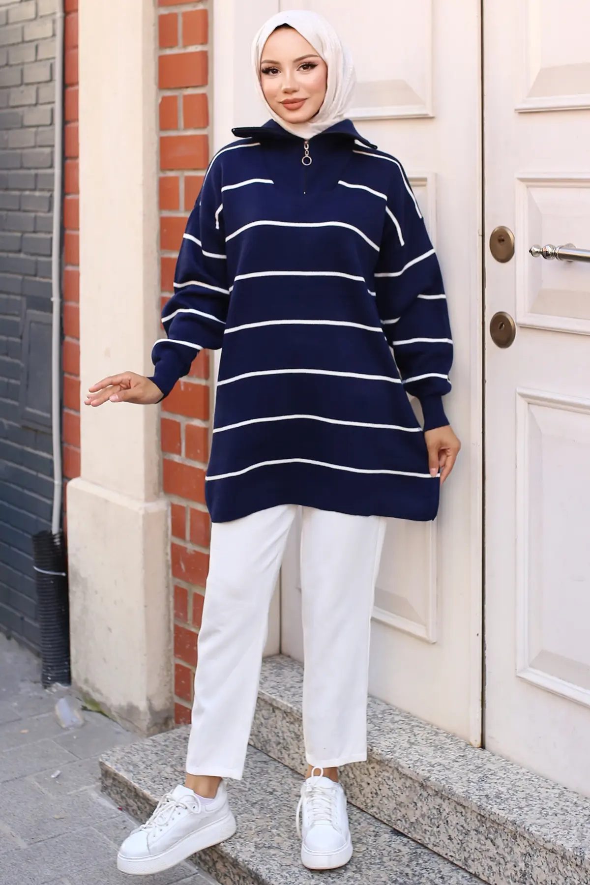 Striped Sweater Tunic With Zipped Collar-detail