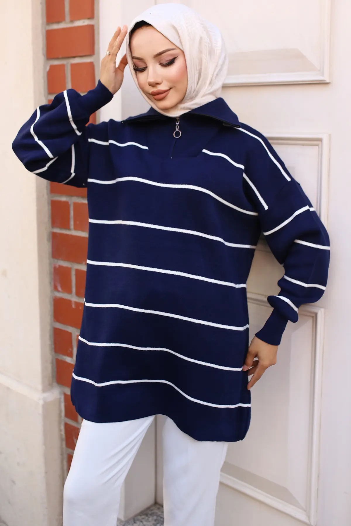 Striped Sweater Tunic With Zipped Collar-detail