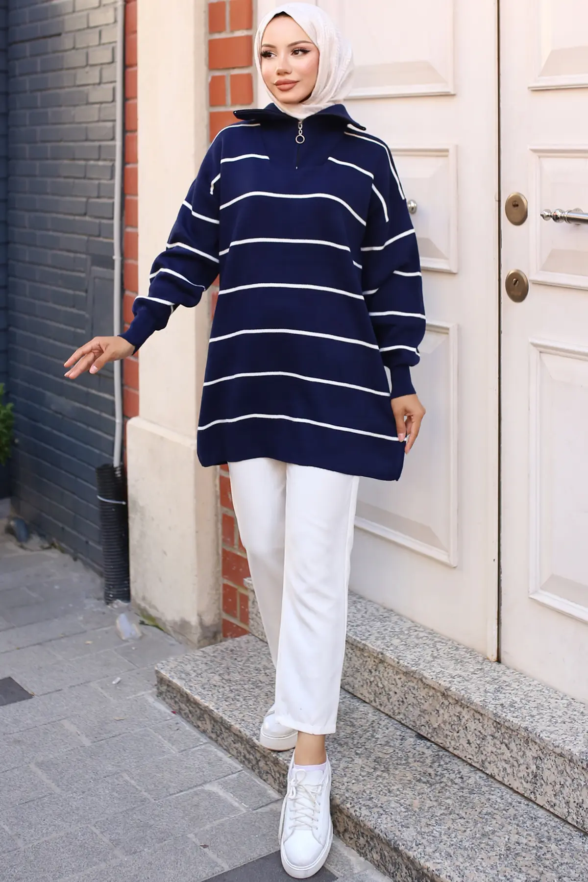 Striped Sweater Tunic With Zipped Collar-detail