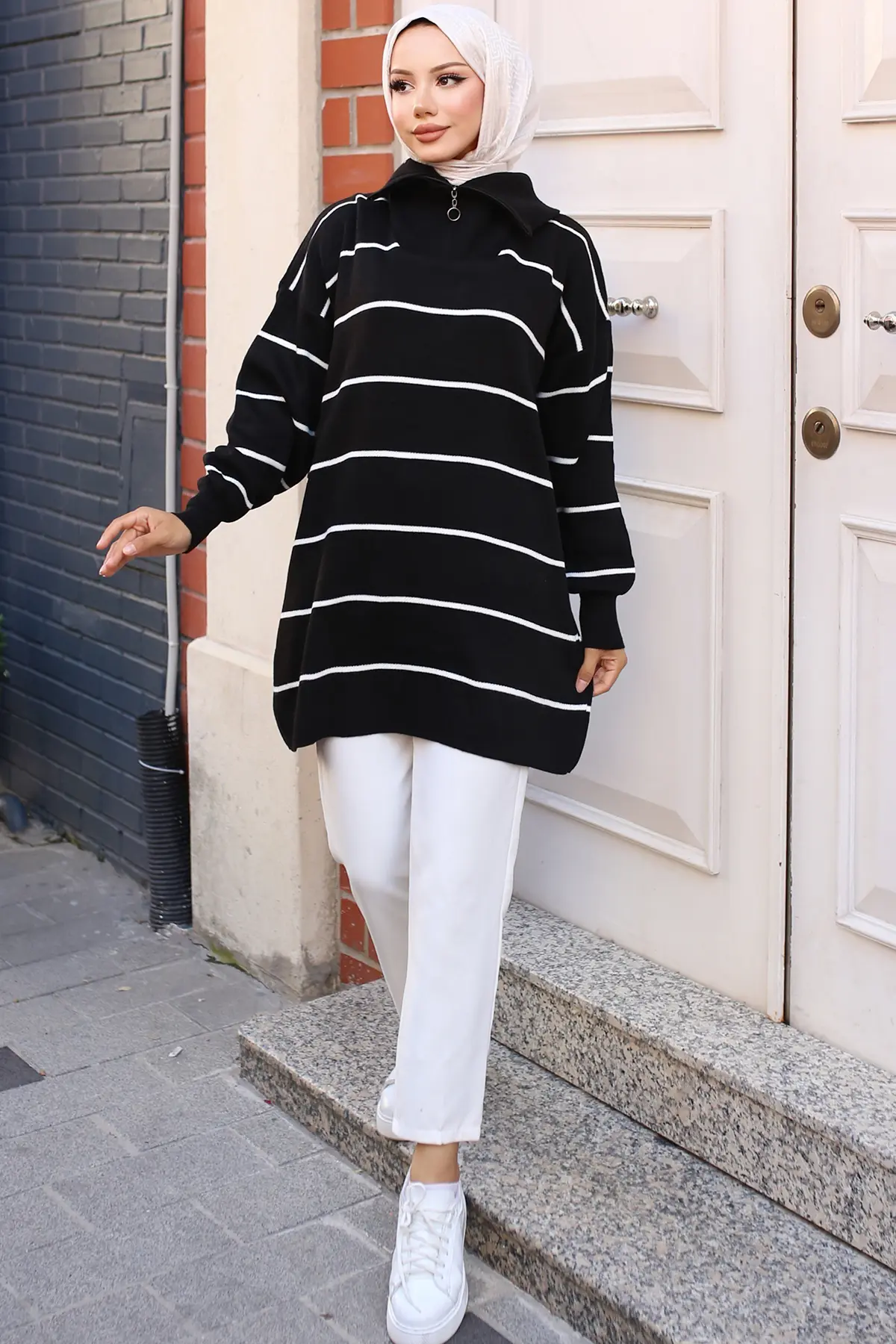 Striped Sweater Tunic With Zipped Collar-detail