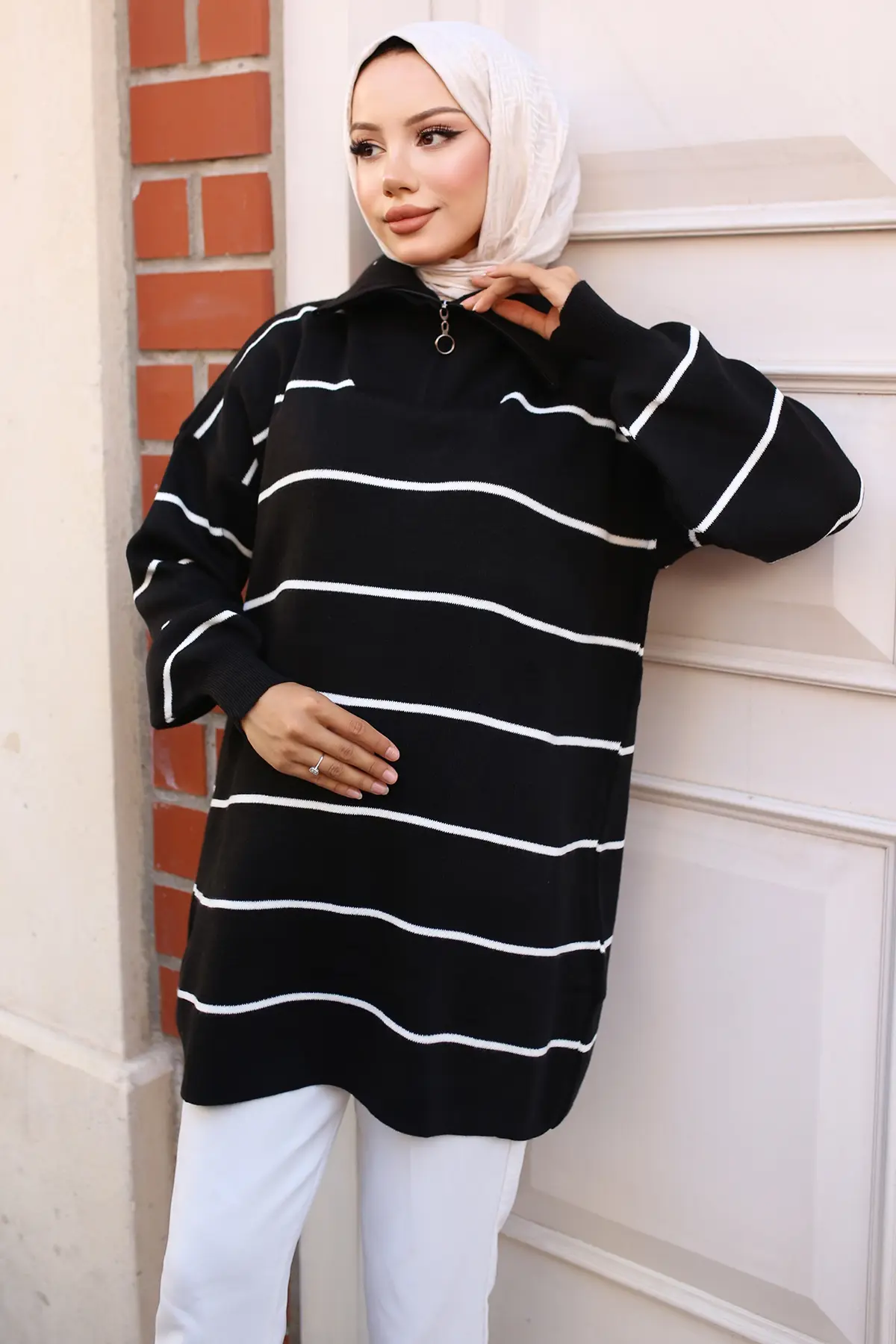 Striped Sweater Tunic With Zipped Collar-detail
