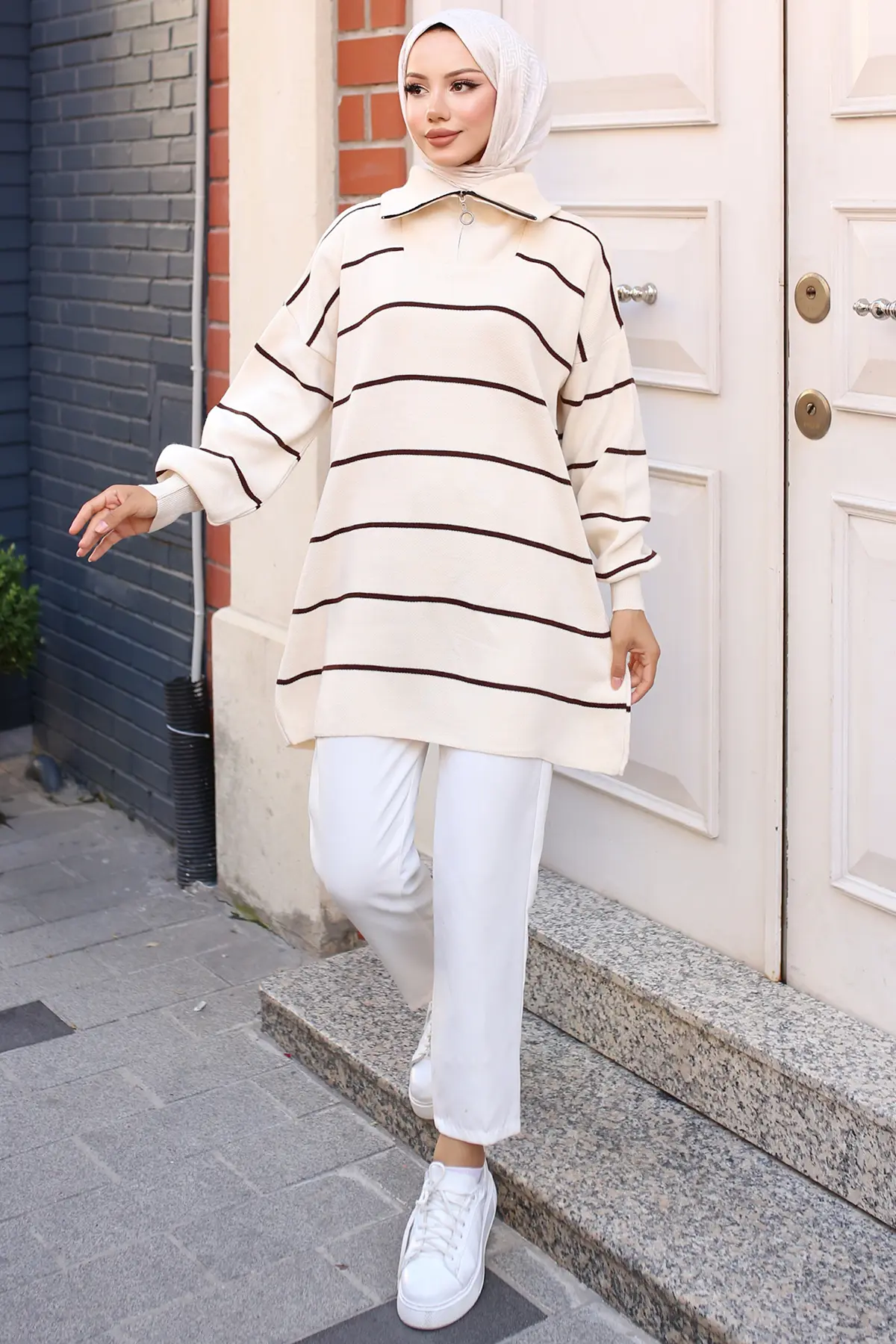 Striped Sweater Tunic With Zipped Collar-detail