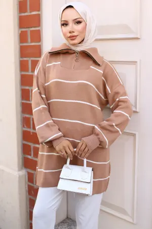Striped Sweater Tunic With Zipped Collar