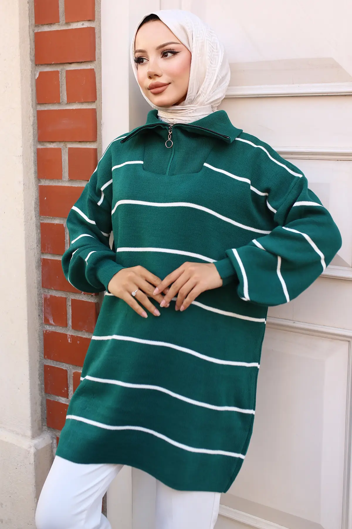 Striped Sweater Tunic With Zipped Collar-detail