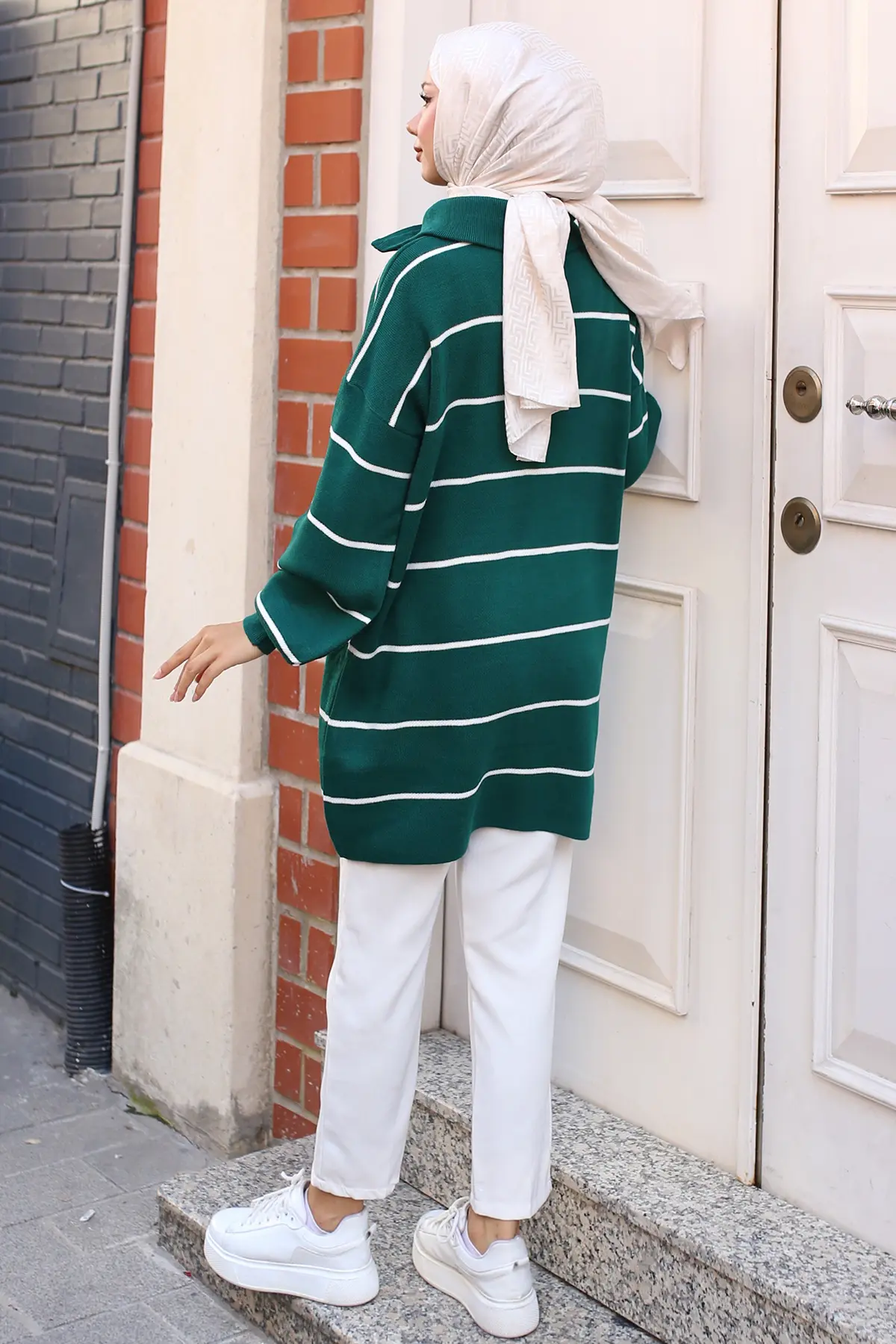 Striped Sweater Tunic With Zipped Collar-detail