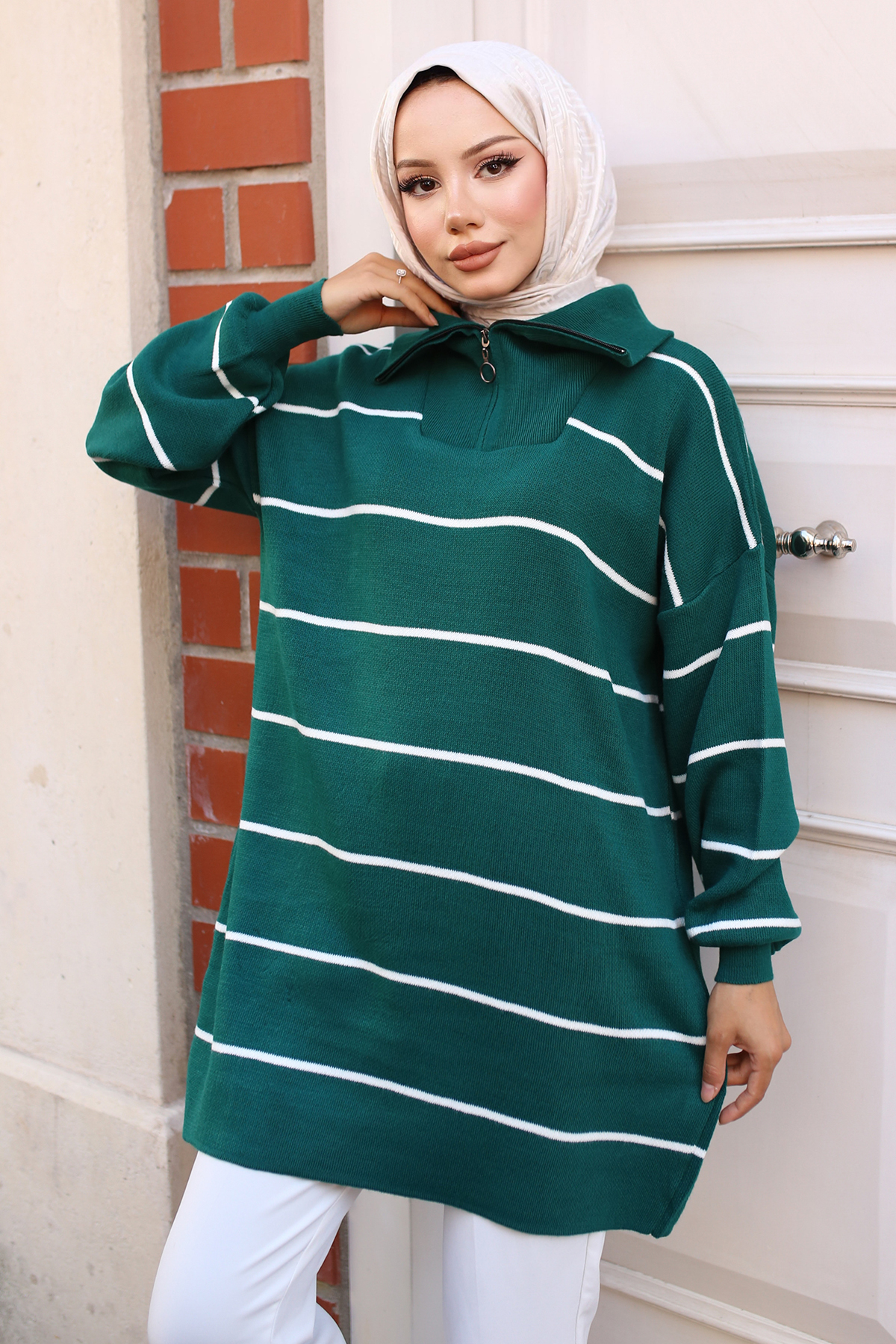 Striped Sweater Tunic With Zipped Collar