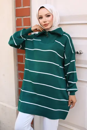 Striped Sweater Tunic With Zipped Collar