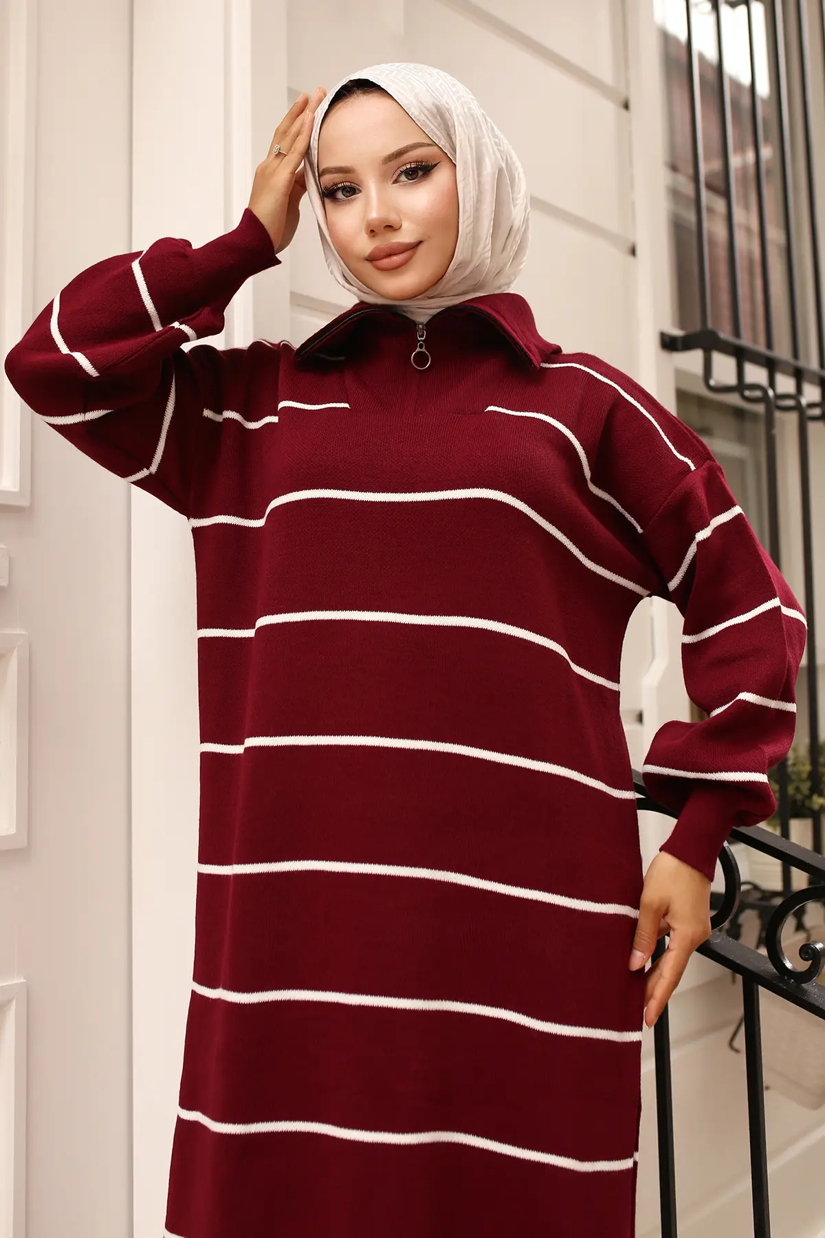 Striped Sweater Dress With Zipper Detail On Collar-detail