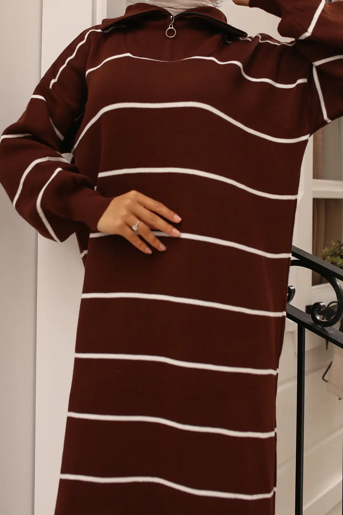 Striped Sweater Dress With Zipper Detail On Collar-detail