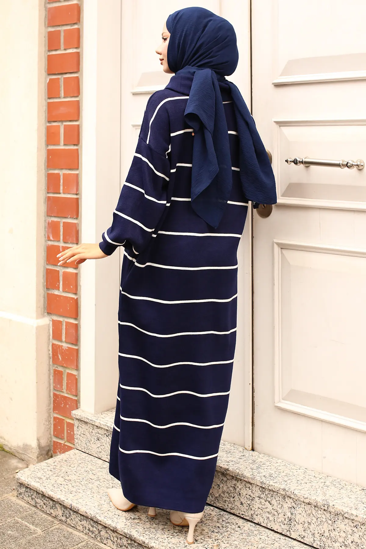 11038-14 Yakası Fermuar Detaylı Çizgili Triko Elbise Lacivert-detail