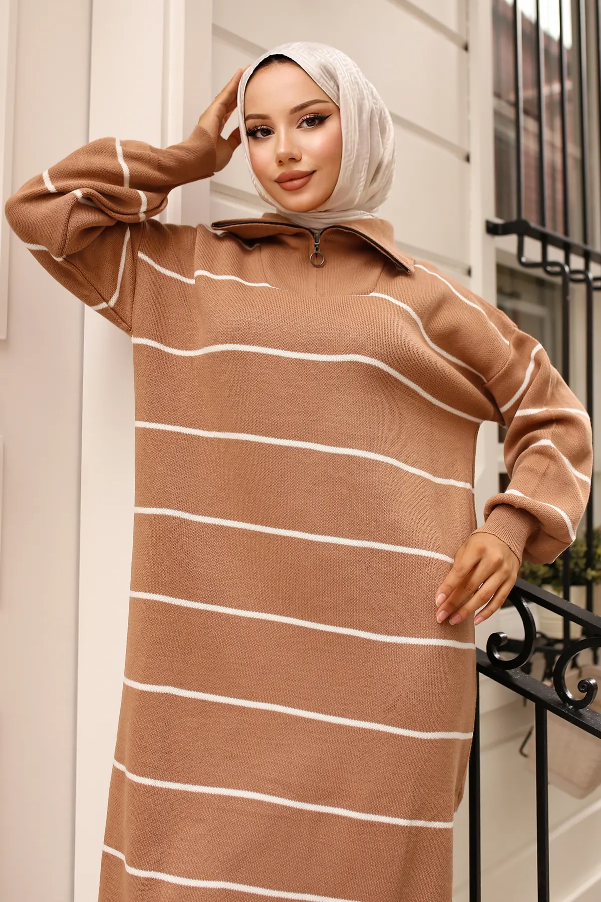 Striped Sweater Dress With Zipper Detail On Collar-detail