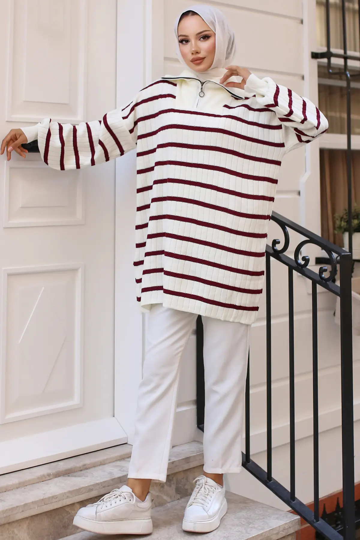 11041-32 Yakası Fermuarlı Fitilli Çizgili Triko Tunik Bordo-detail