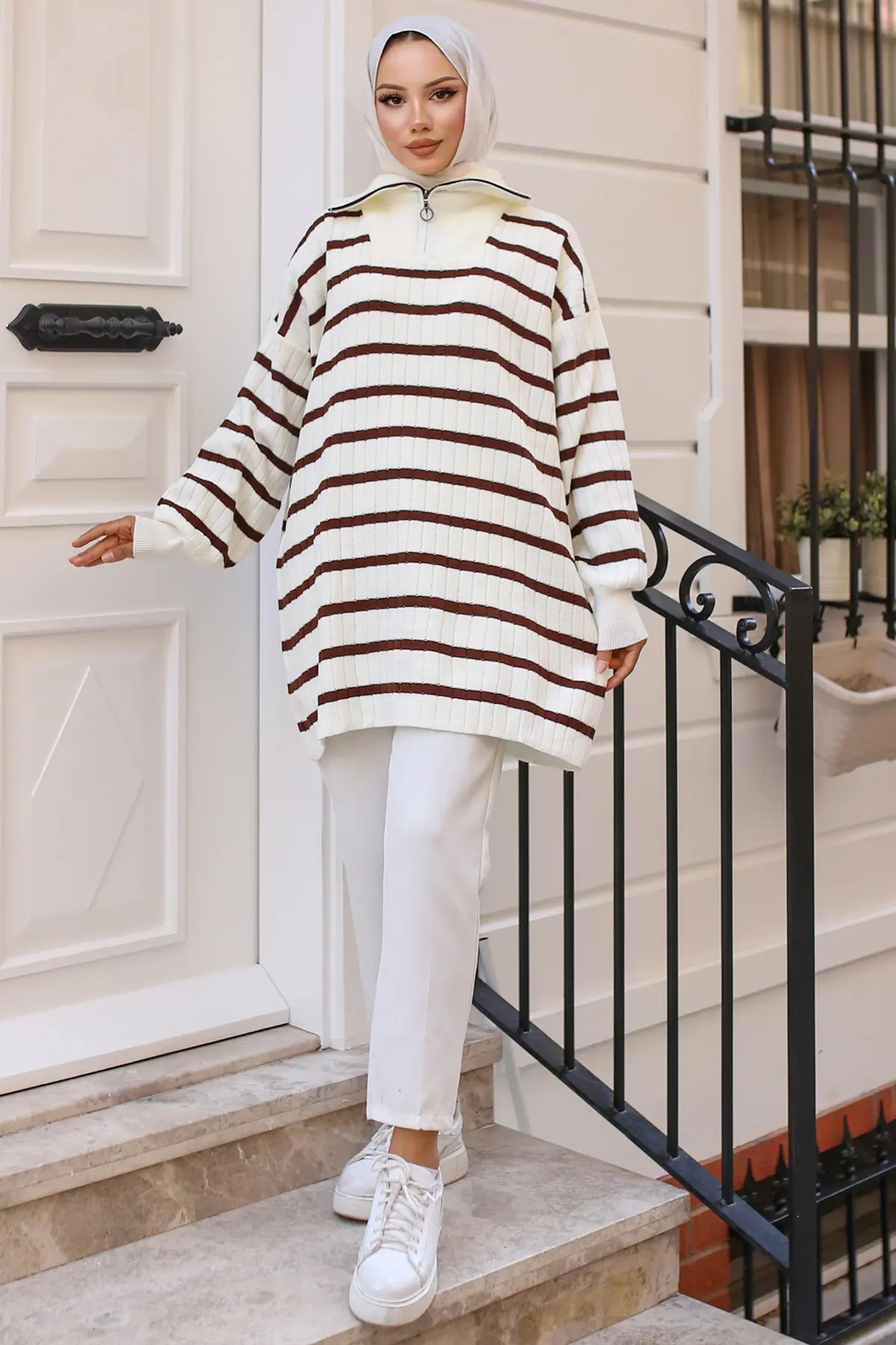 11041-32 Yakası Fermuarlı Fitilli Çizgili Triko Tunik Kahverengi-detail