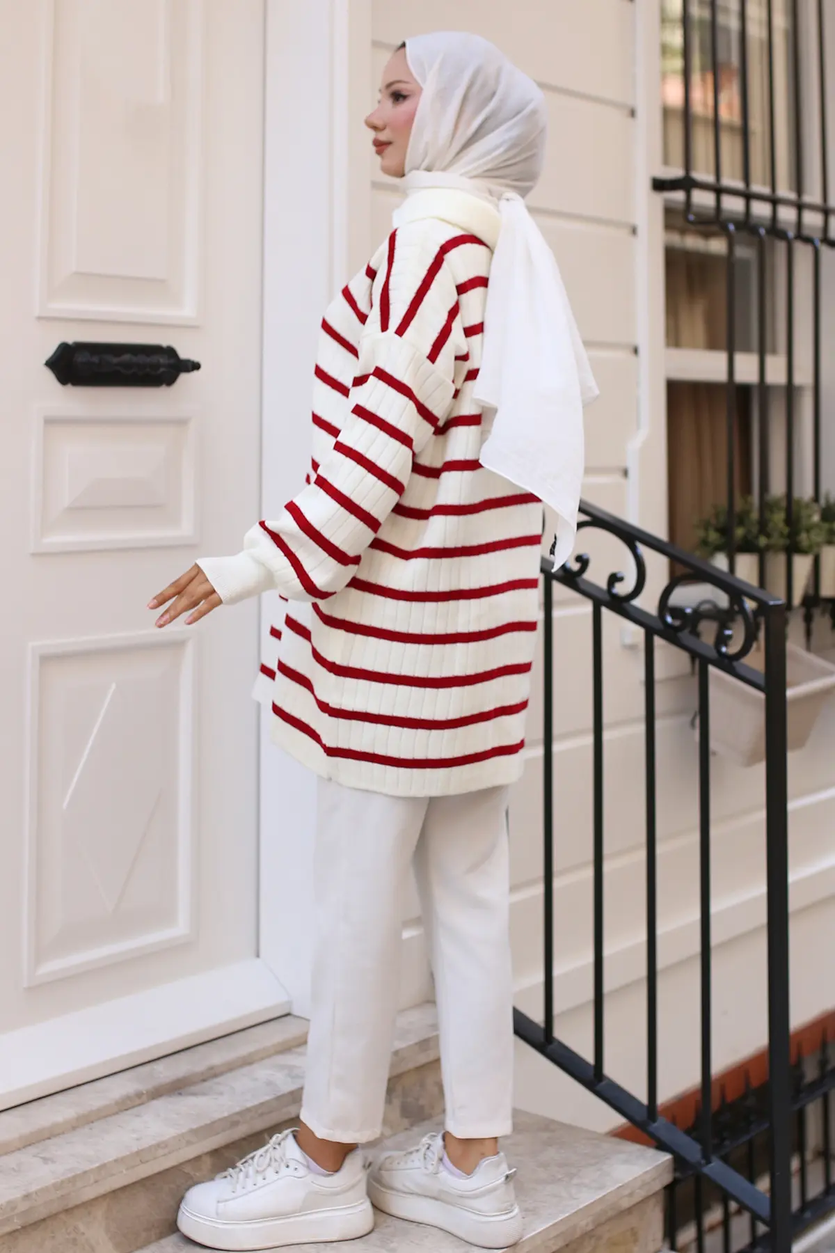 11041-32 Yakası Fermuarlı Fitilli Çizgili Triko Tunik Kırmızı-detail