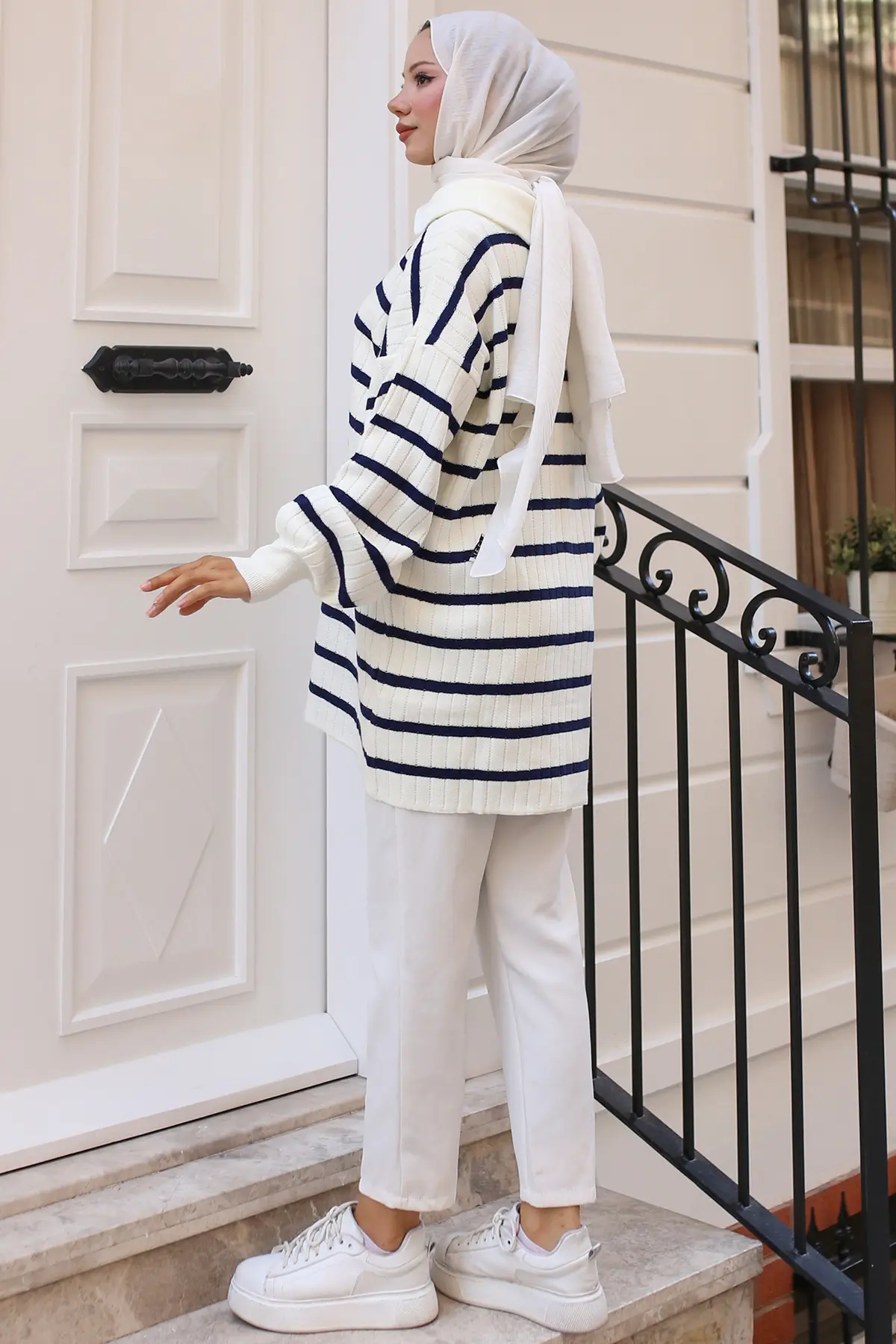 11041-32 Yakası Fermuarlı Fitilli Çizgili Triko Tunik Lacivert-detail