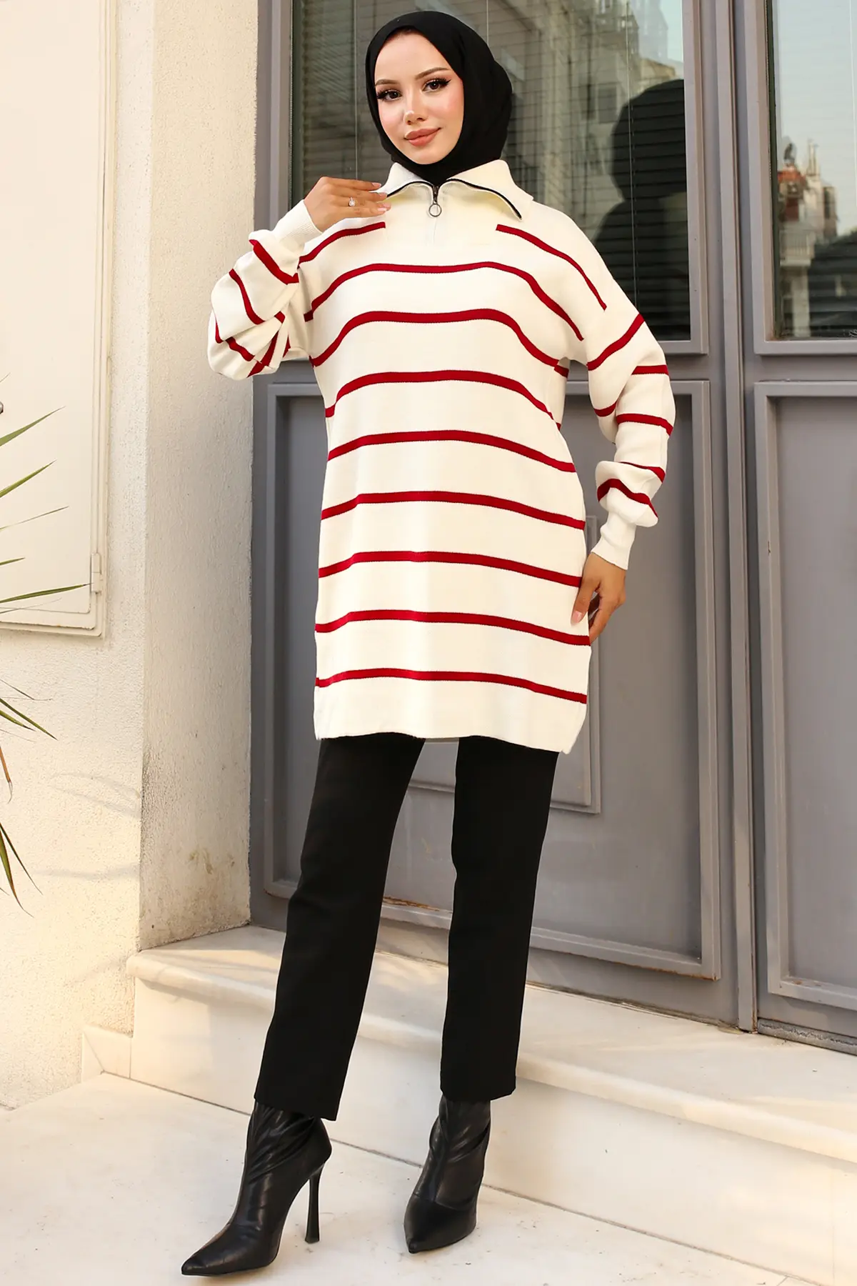 Striped Sweater Tunic With Zipper Collar-detail