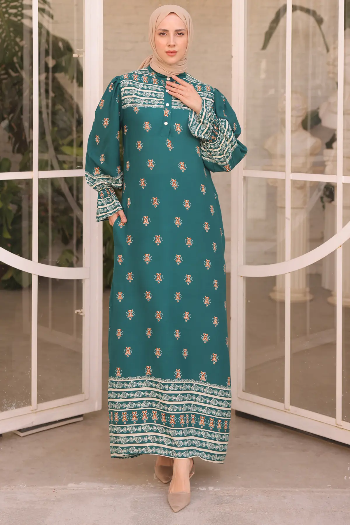 12001 Kolu Büzmeli Elbise Zümrüt Yeşili-detail