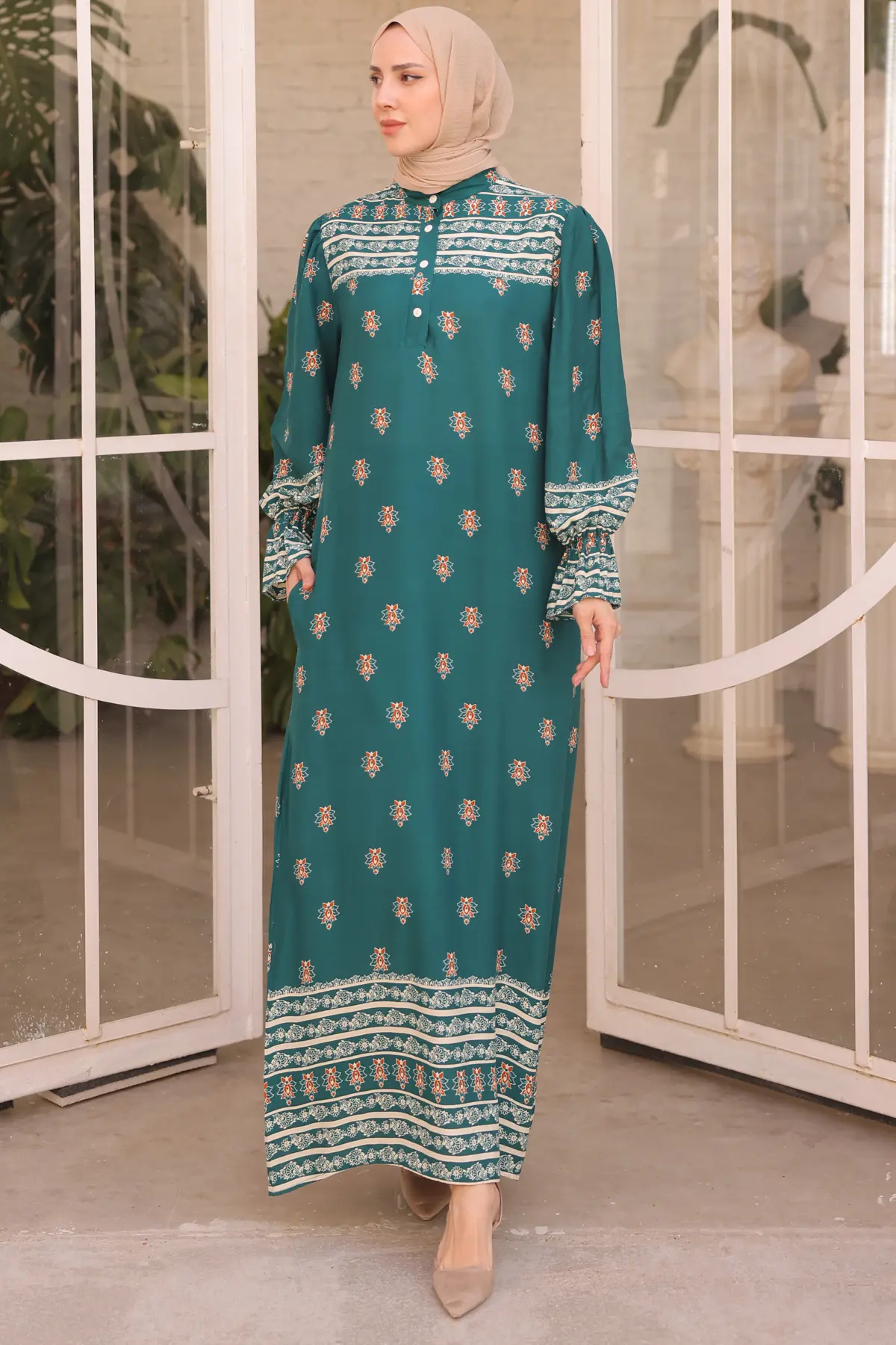 12001 Kolu Büzmeli Elbise Zümrüt Yeşili-detail