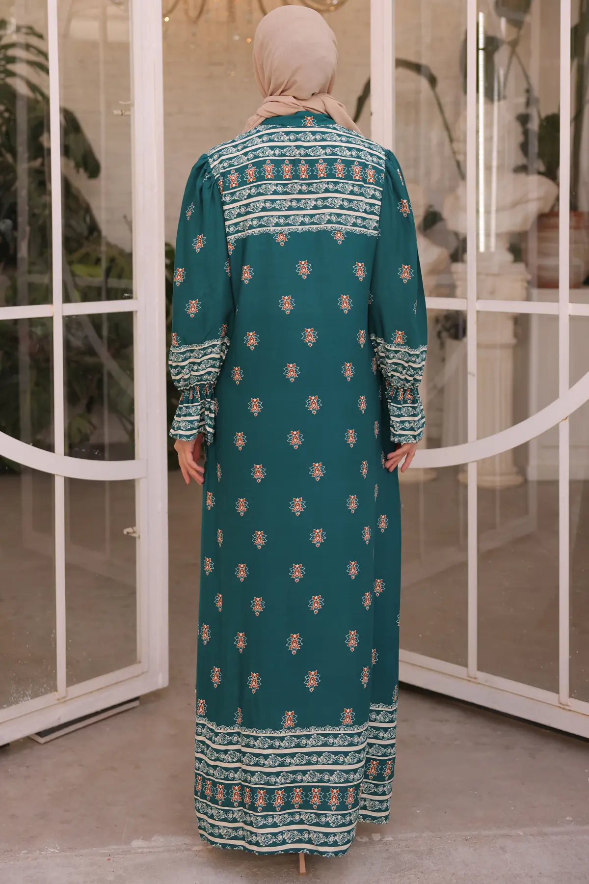 12001 Kolu Büzmeli Elbise Zümrüt Yeşili-detail