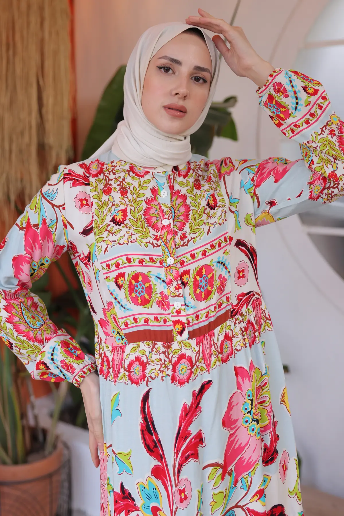 12002 Çiçek Desenli Viskon Elbise Nar Çiçeği-detail